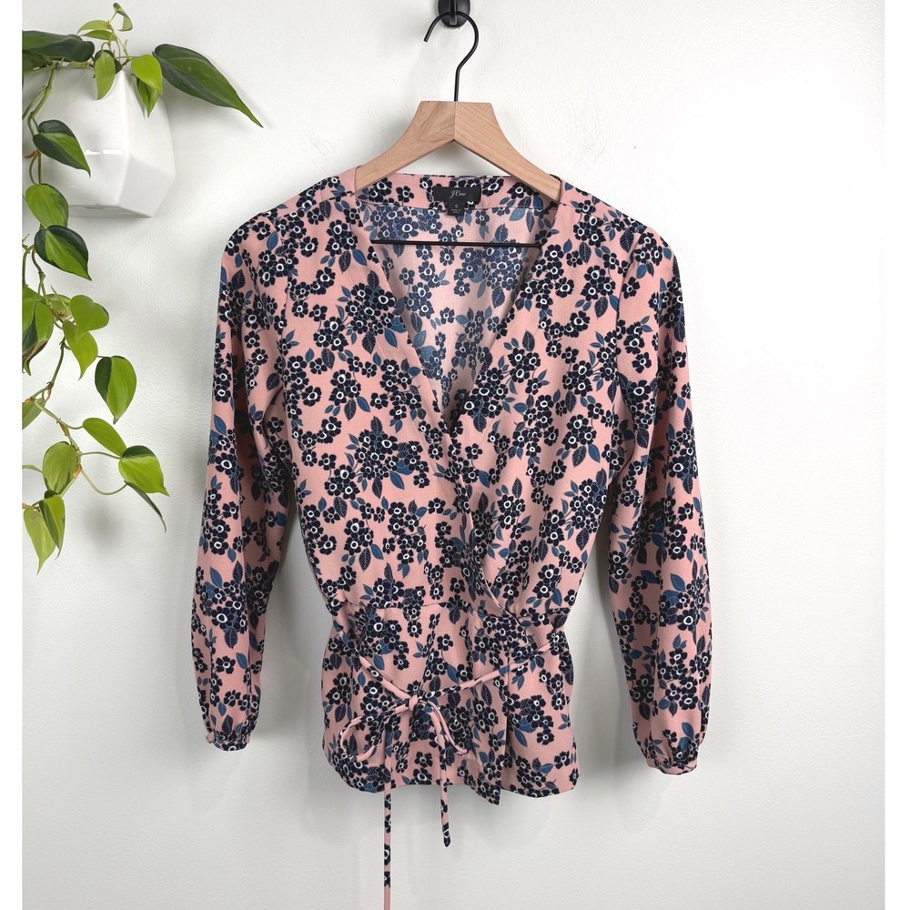 J.Crew Womens Pink Navy Floral Wrap Top V-Neck Tie Waist Blouse S Feminine